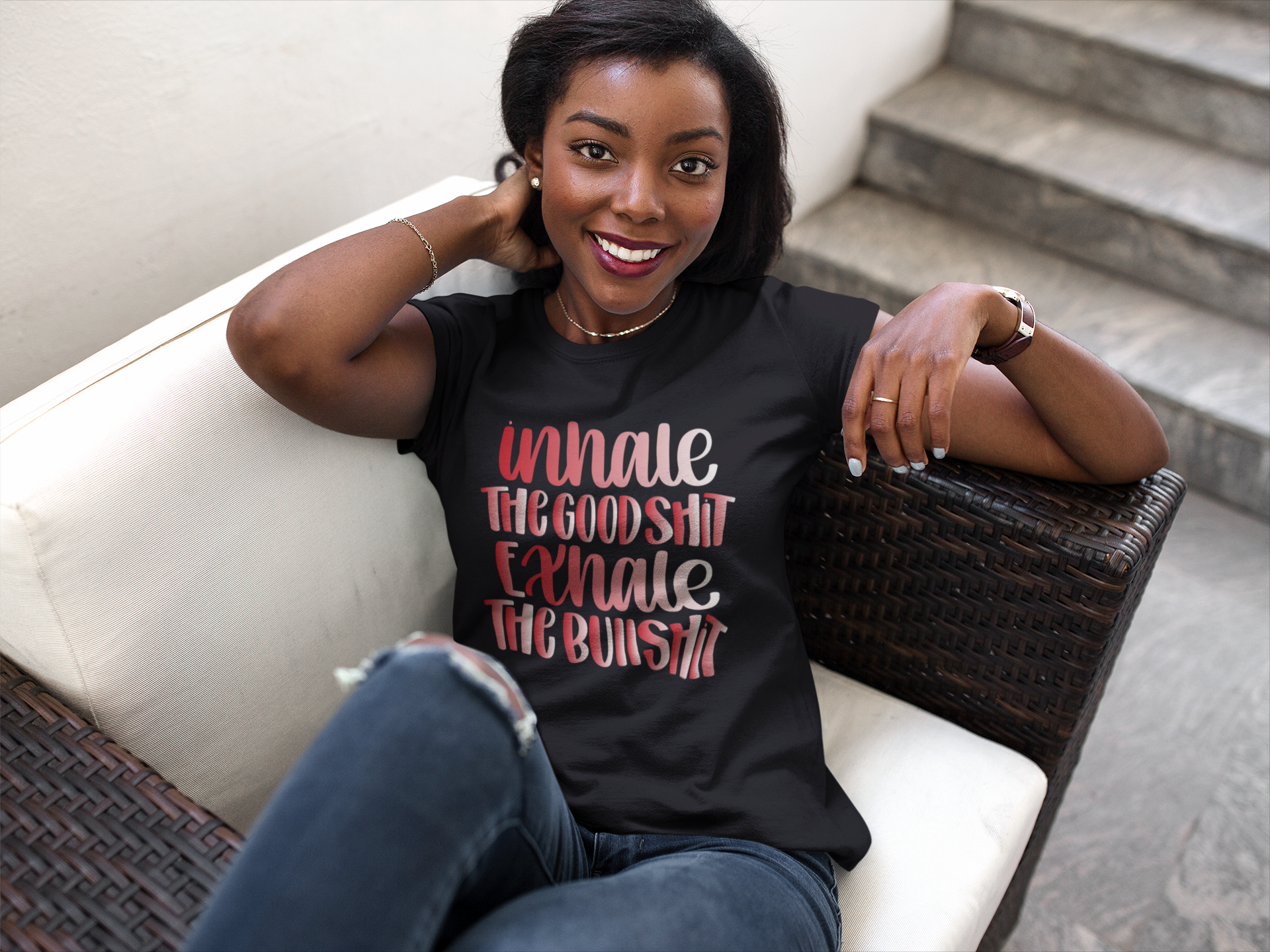 Inhale The Good Shit Exhale The Bullshit Women Unisex t-shirt, Red and White Ladies Fit Shirt